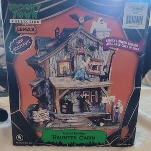 Lemax Spooky Town Lighted Haunted Cabin with Blue and Brown Accents